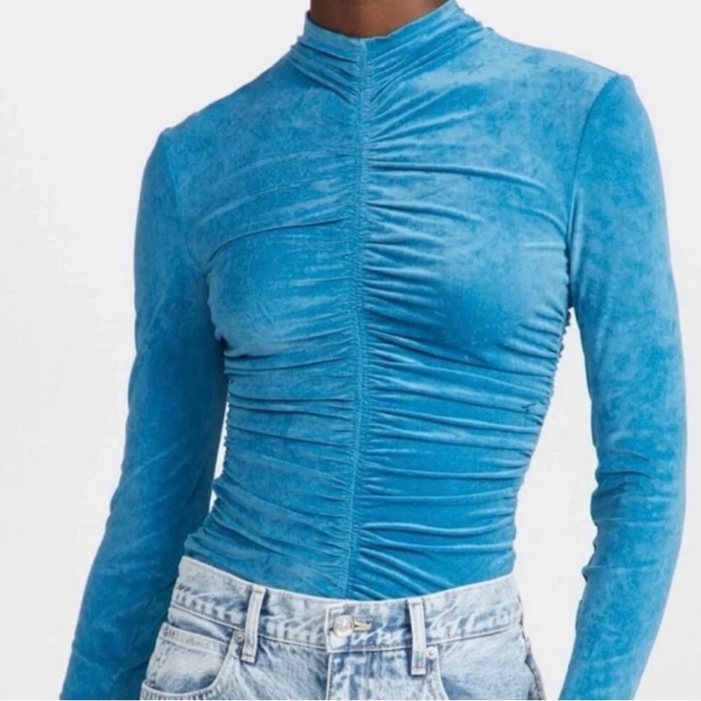 ALC Blue Ruched Long Sleeve Velvet Top
